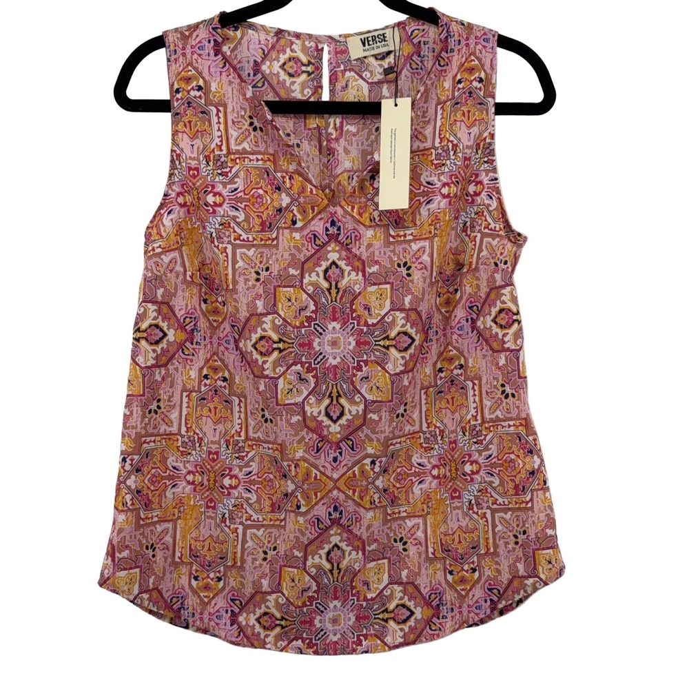 VERSE Sleeveless Blouse Top 2171TP63 Women's S V-Neck Pink Yellow White Navy USA